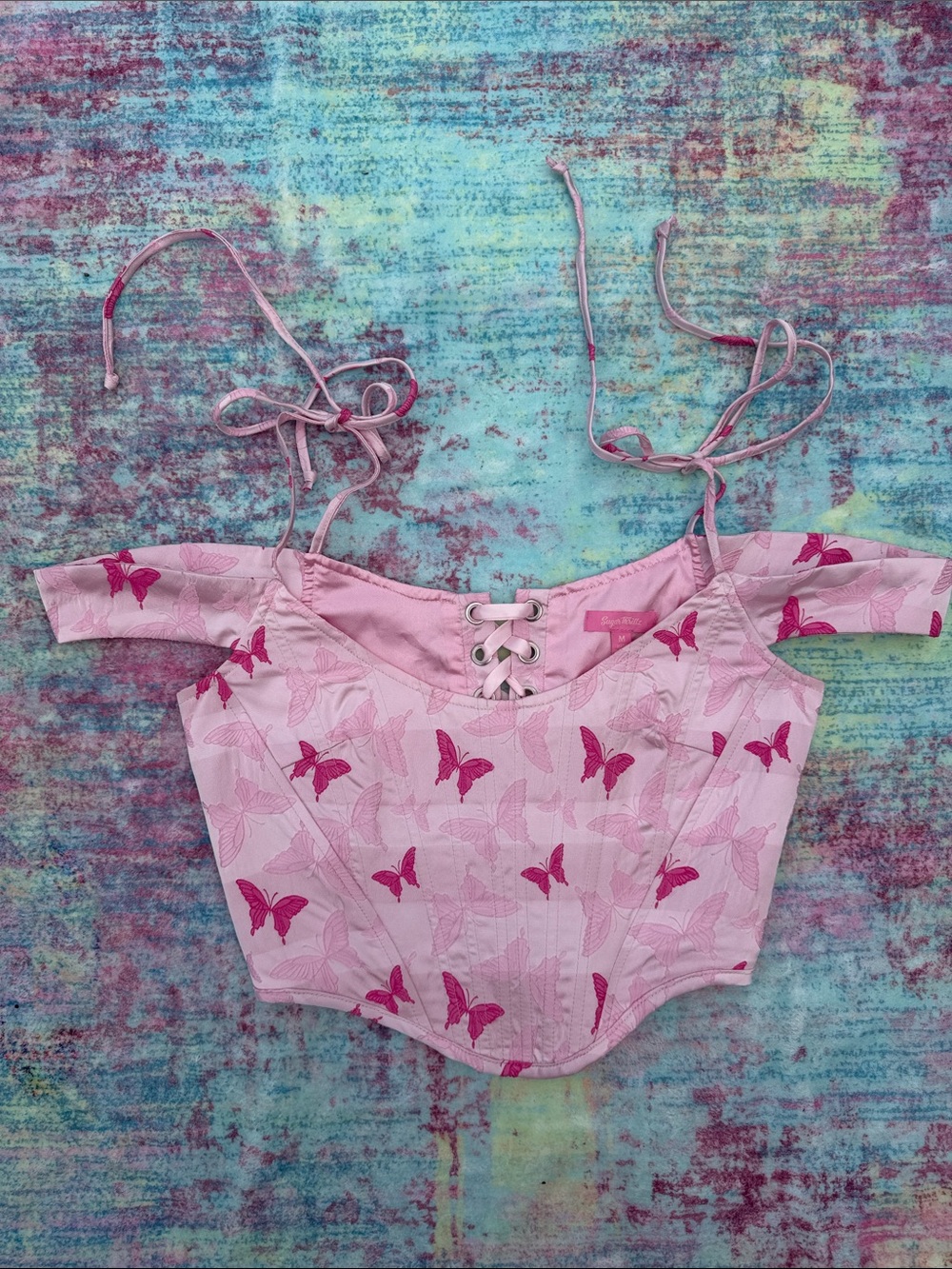 Sugar Thrillz Pink Butterfly Lace-Up Off-Shoulder Crop Top